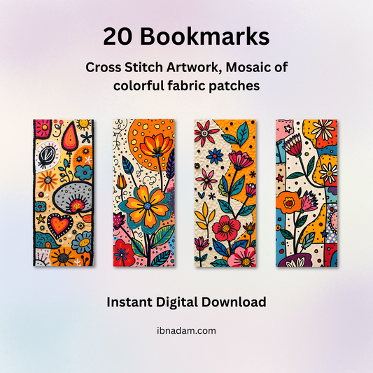 Colorful Cross Stitch Bookmarks – Digital Download Set of 20, Mosaic Fabric Patch Designs, Printable PDF