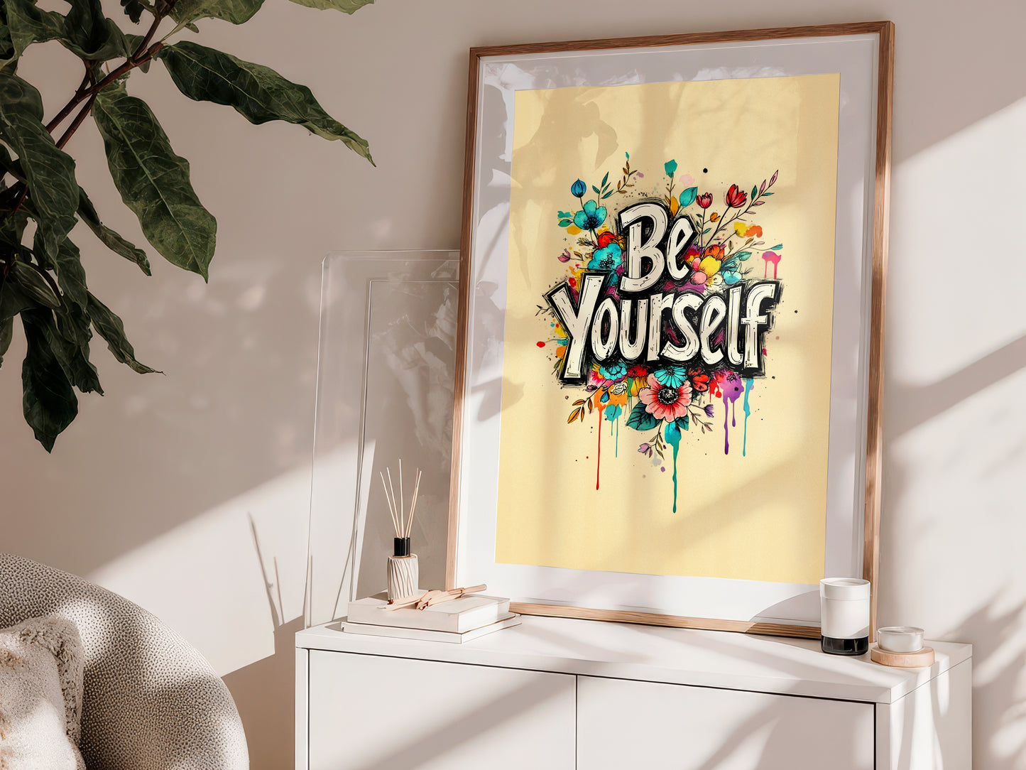 Set of 2 - Minimalist Motivational Wall Art | Be Yourself Floral Quote Prints | Digital Download, Printable Artwork for Home & Office Decor