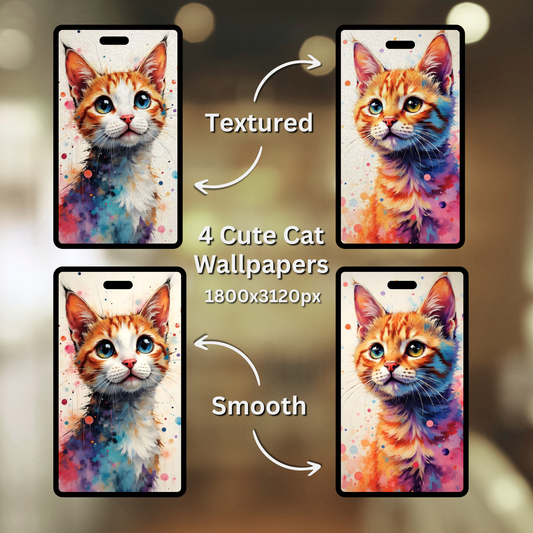 Cute Cat Phone Wallpapers – Watercolor Phone Backgrounds, Digital Download Set of 4