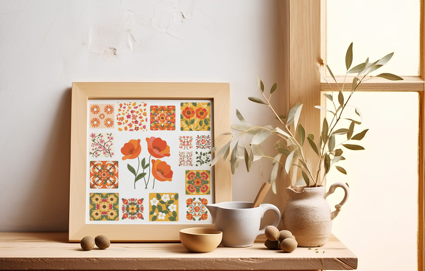 Flower Grid Digital Download | Modern Floral Wall Art | Seamless Pattern for Wallpaper, Crafts & Prints