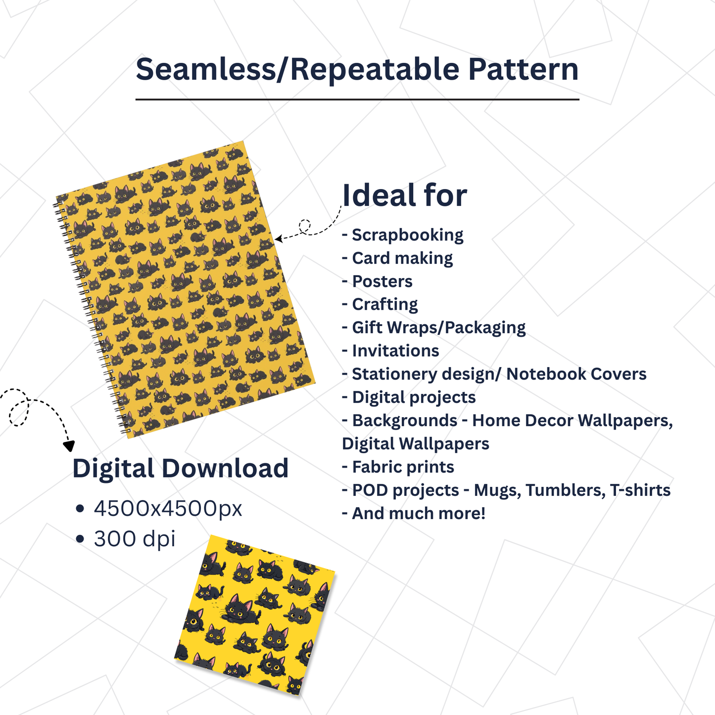 Seamless Black Cat Pattern | Cute Halloween Digital Paper | Scrapbooking, Crafting, Fabric & POD Download