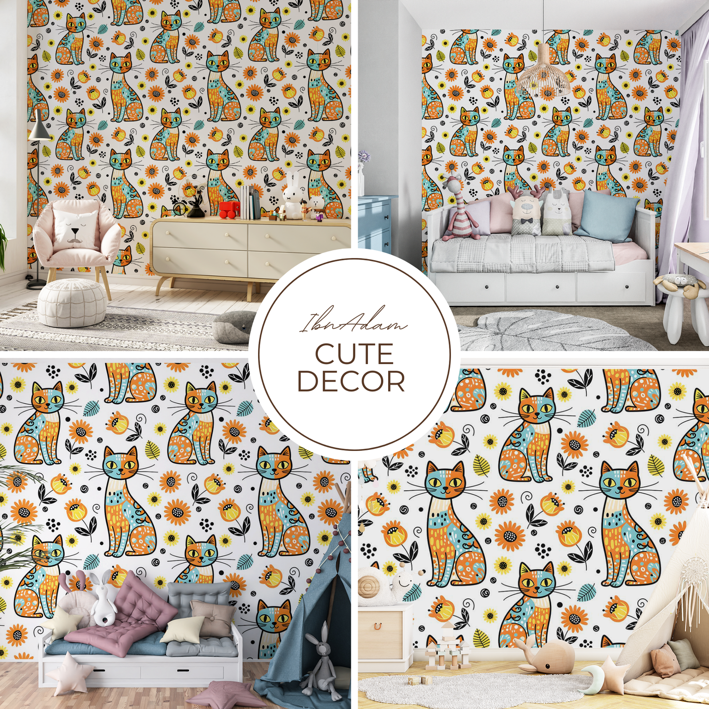 Cat and Foliage Cute Wallpaper | High Quality Seamless Digital Paper for Wallpaper, Fabric, Gifts & Crafts