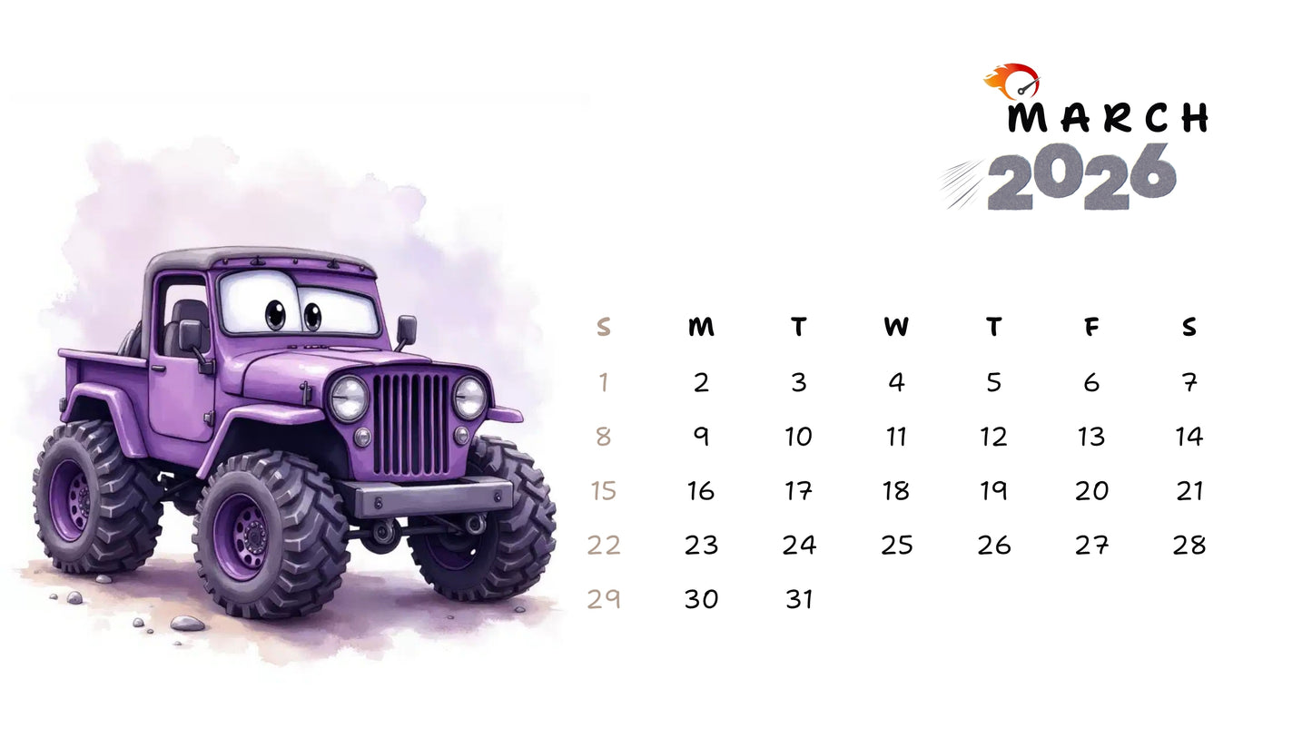 Cars - Printable 2026 Calendar | Watercolor Cars Cartoon Clipart | Monthly Wall Art | PDF + 13 JPEG Files