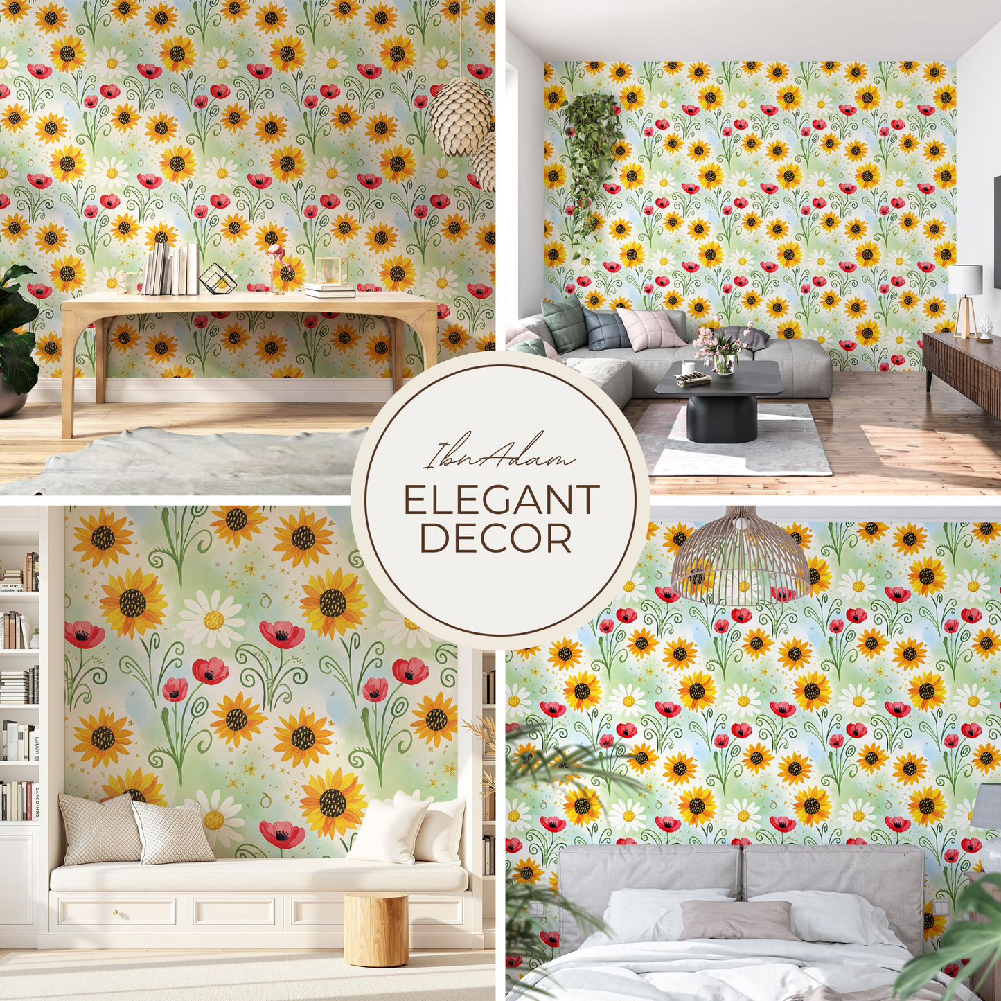 Whimsical Floral Wallpaper | Daisy, Poppy & Sunflower Digital Art | Elegant Seamless Pattern | Printable Wall Decor