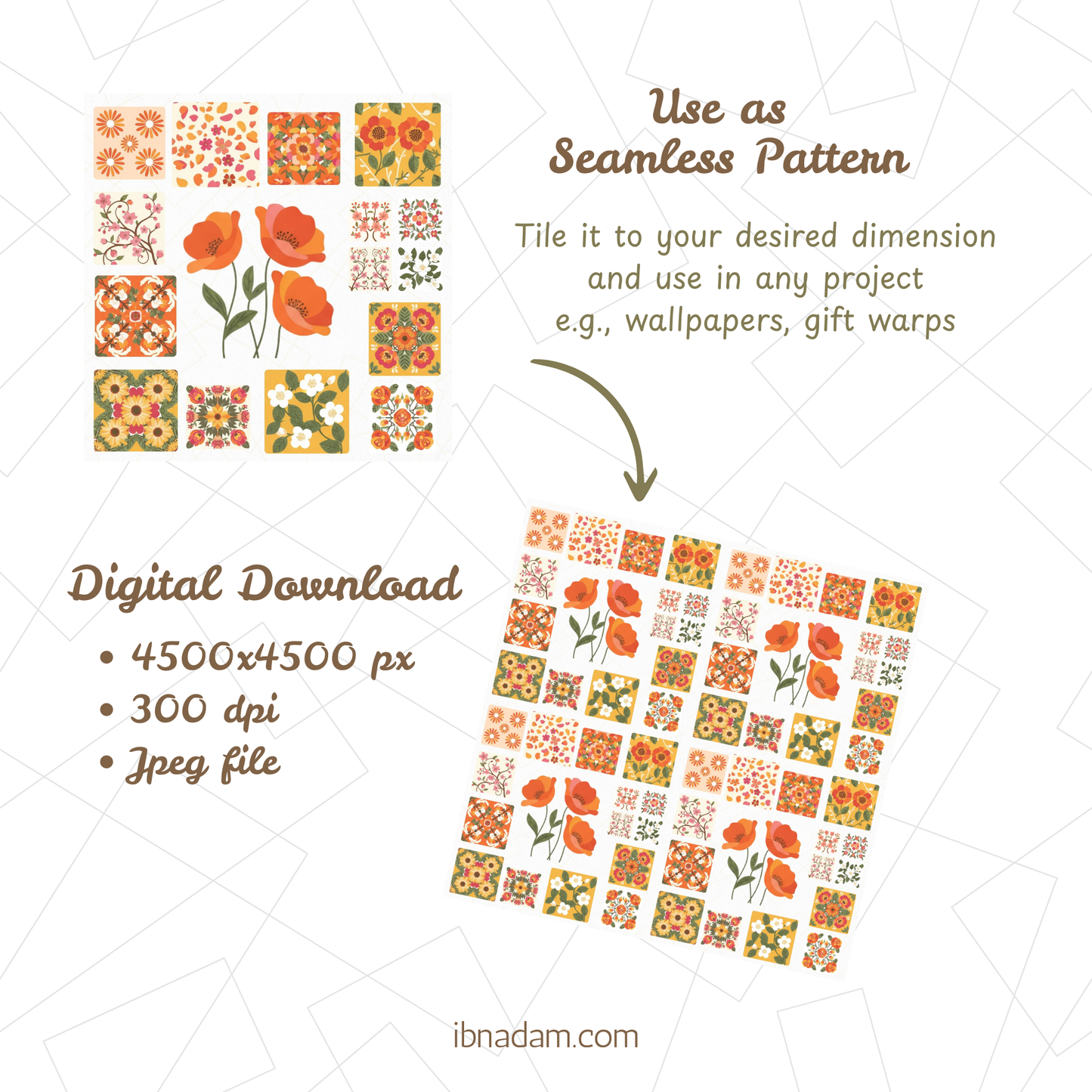 Flower Grid Digital Download | Modern Floral Wall Art | Seamless Pattern for Wallpaper, Crafts & Prints
