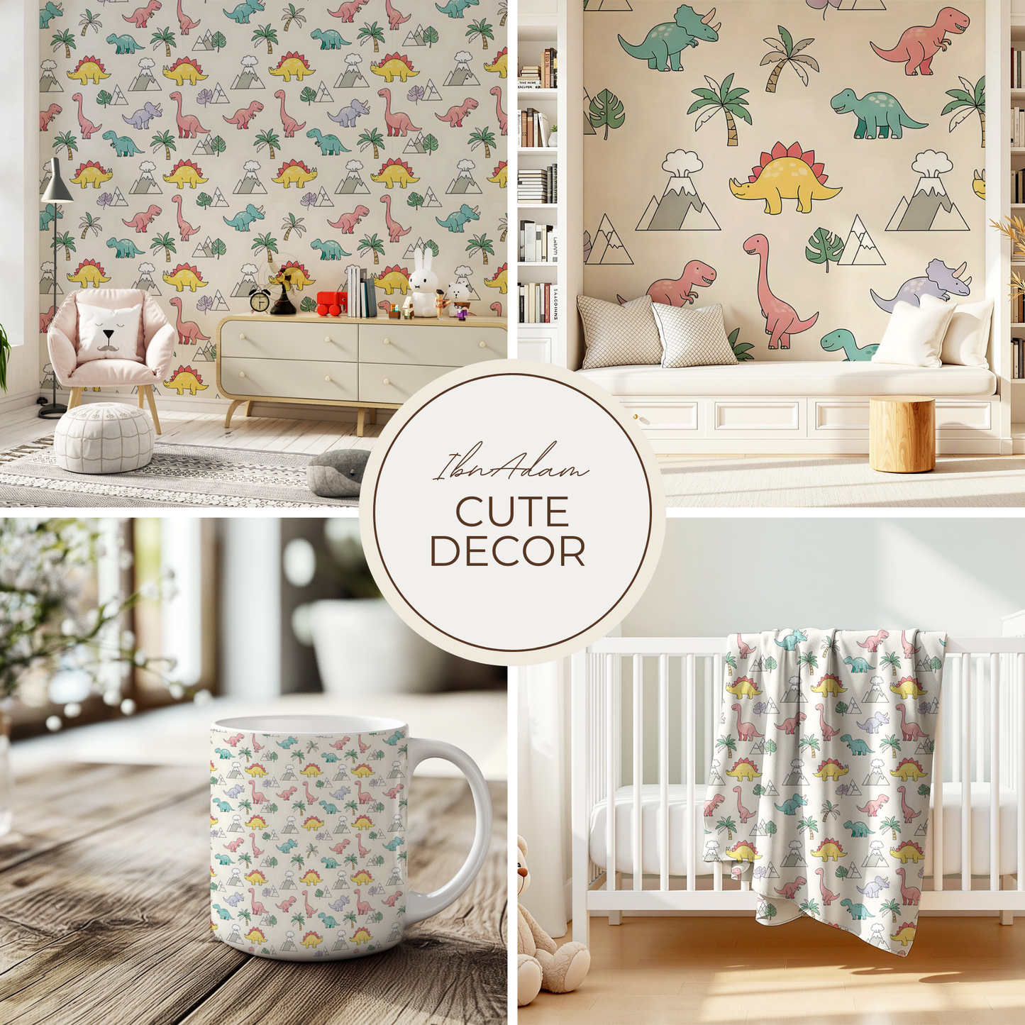 Dinosaur Volcano Wallpaper | Kids Room Digital Art Download | Nursery Seamless Pattern | Printable Wall Decor