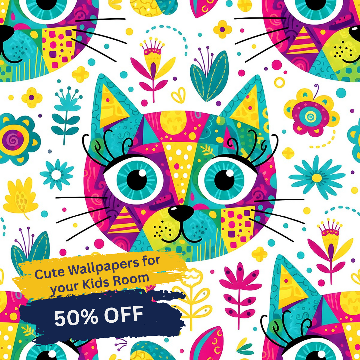 Seamless Cat Head Pattern | Cute Colorful Foliage Digital Download for Wallpaper, Fabric, Gifts & Crafts