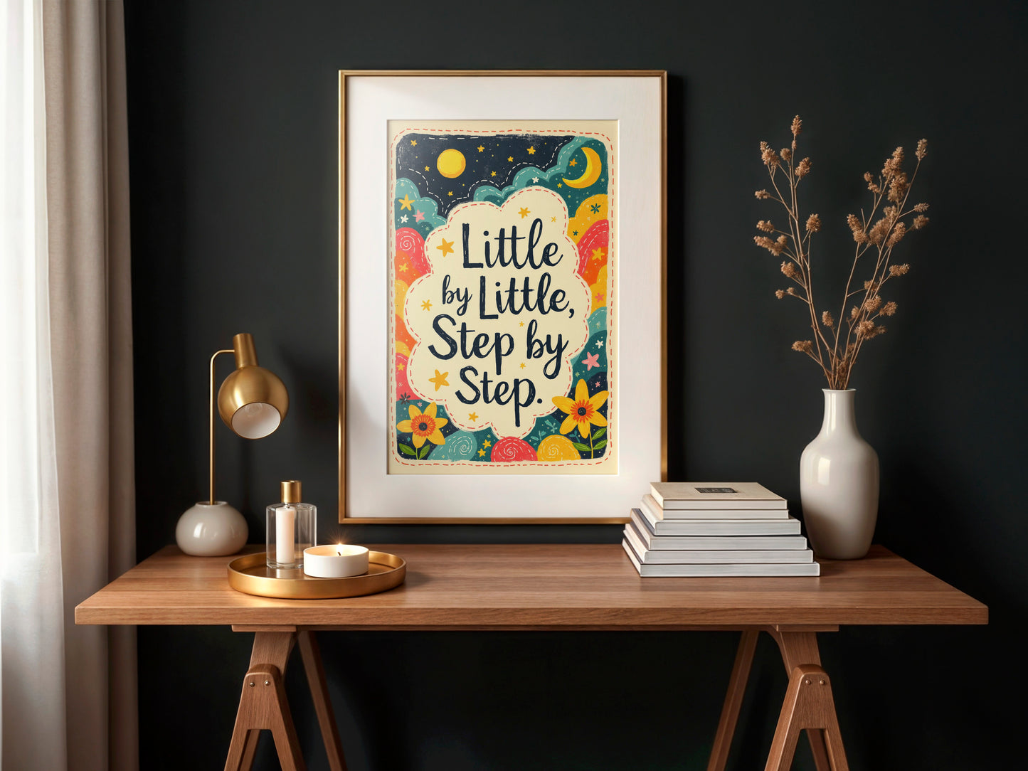 Little By Little Step by Step Quote Print | Vintage Style Wall Art | 24x36 inch 300 DPI Digital Download | Calming Inspirational Poster for Home or Office