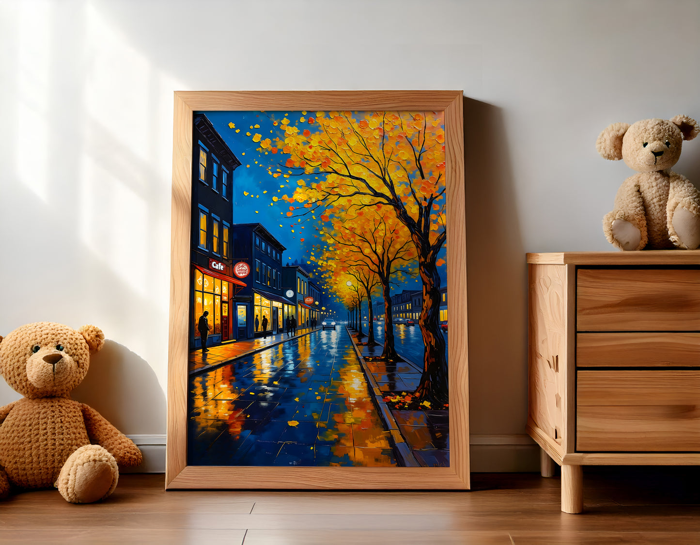 Night Street Wall Art – Digital Oil Painting Set of 3, Rainy Fall Season City Prints, Instant Download