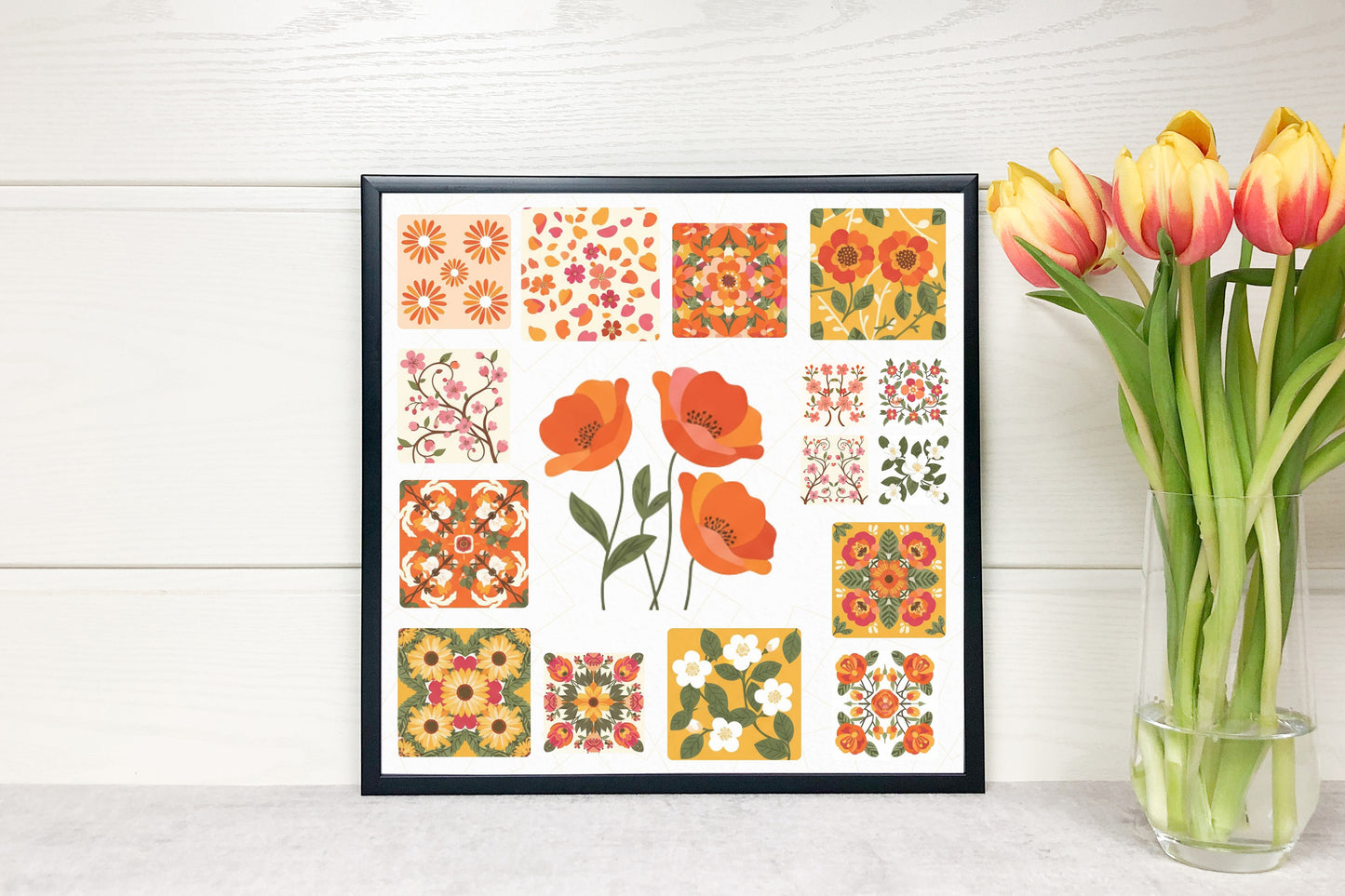 Flower Grid Digital Download | Modern Floral Wall Art | Seamless Pattern for Wallpaper, Crafts & Prints