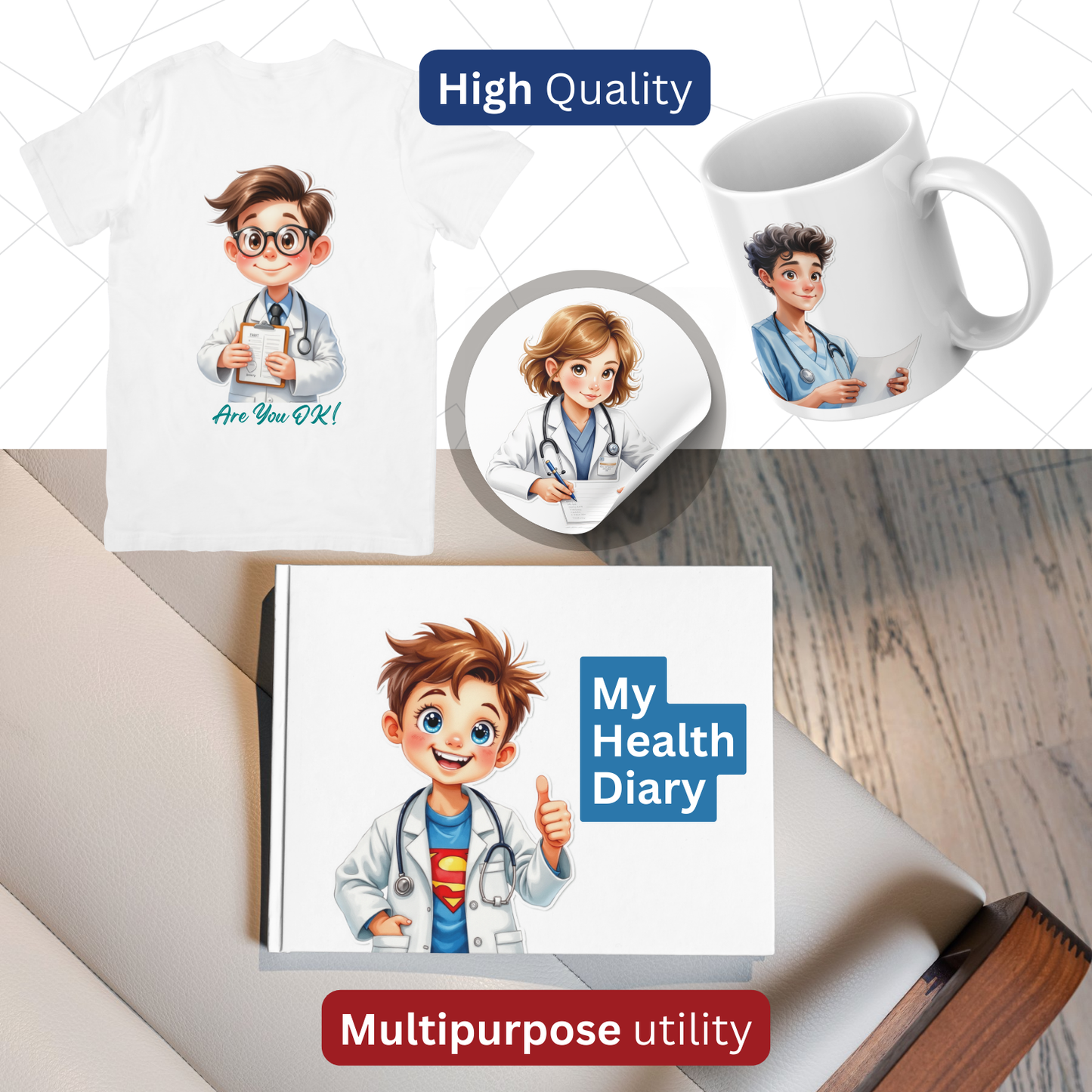 25 PNG Stickers | Cute Medical Clipart Digital Download | Whitecoat Kids Stickers for Crafts, Mugs, Tumblers, Phone Case, Wrapping