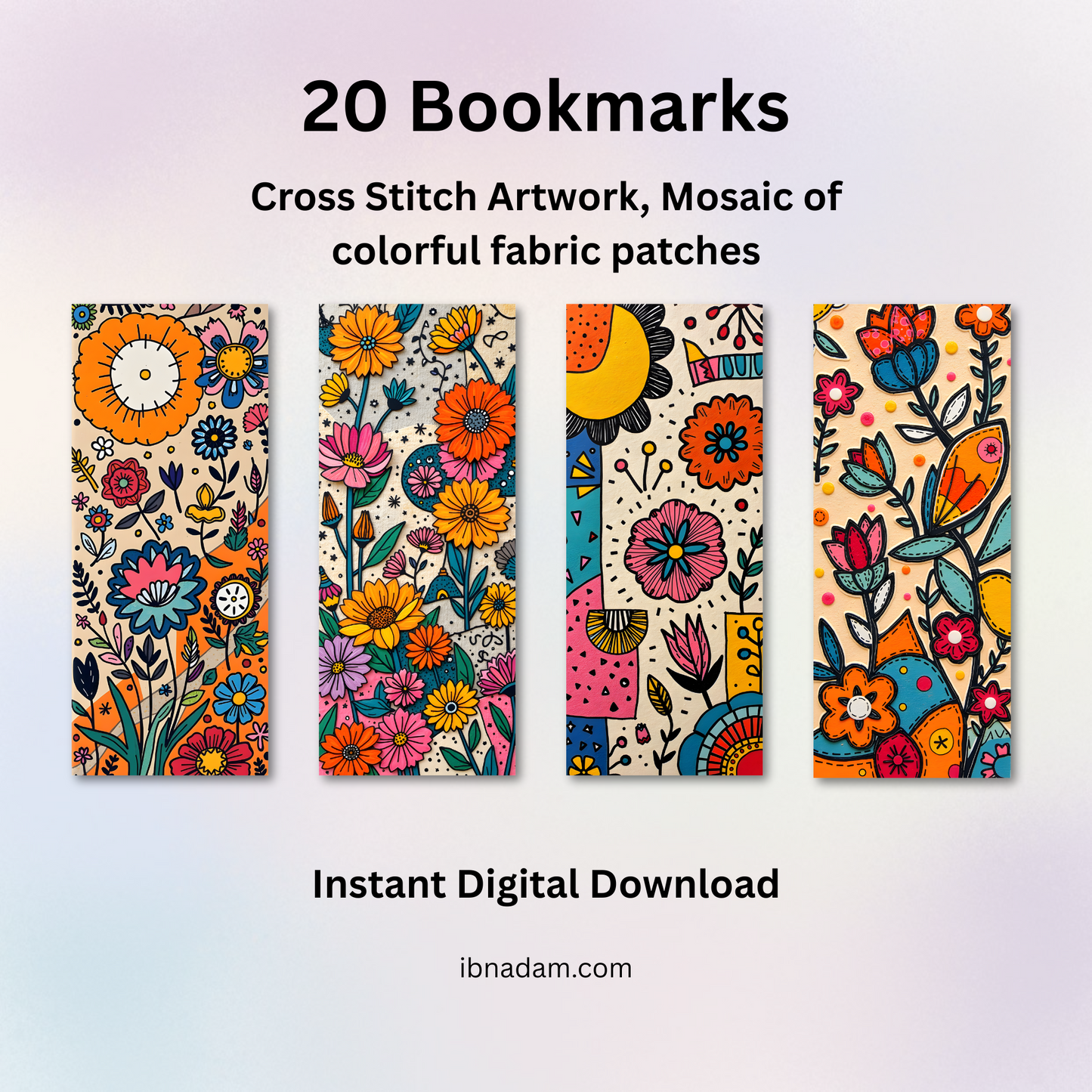 Colorful Cross Stitch Bookmarks – Digital Download Set of 20, Mosaic Fabric Patch Designs, Printable PDF