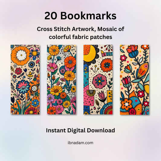 Colorful Cross Stitch Bookmarks – Digital Download Set of 20, Mosaic Fabric Patch Designs, Printable PDF