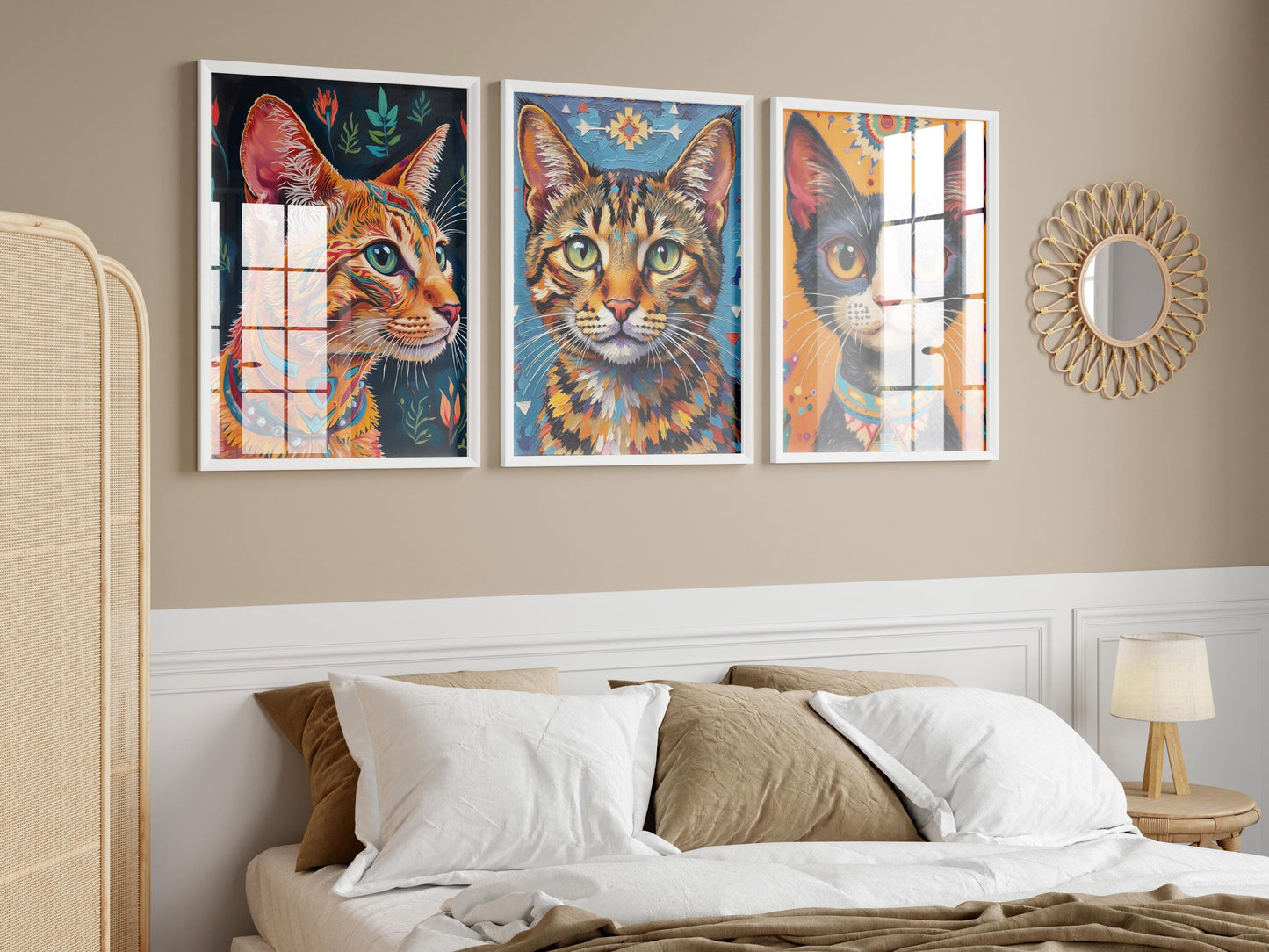 Navajo Cat Art Prints – Digital Wall Art Set of 3, Geometric Pattern Cats, High-Res Printable Decor