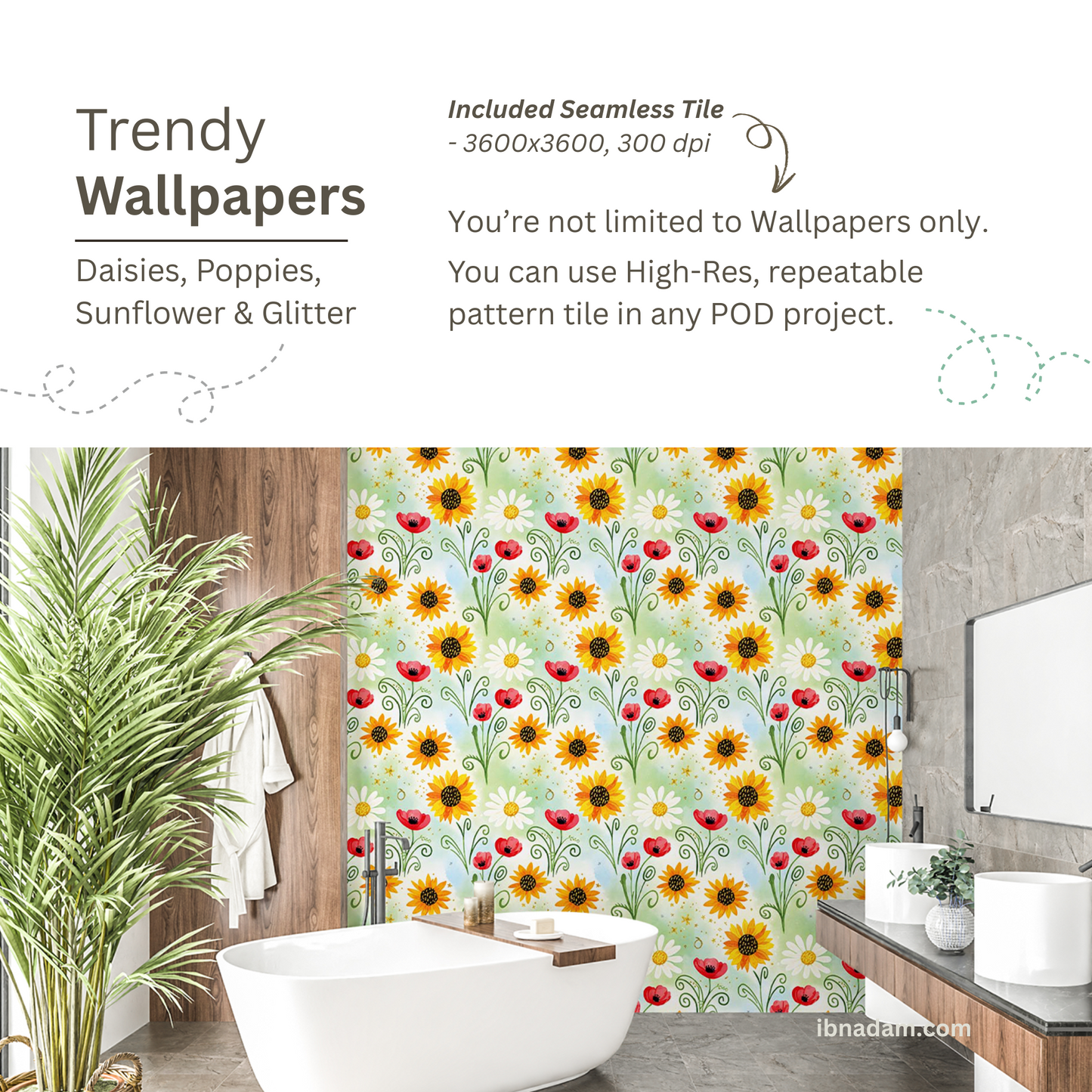 Whimsical Floral Wallpaper | Daisy, Poppy & Sunflower Digital Art | Elegant Seamless Pattern | Printable Wall Decor
