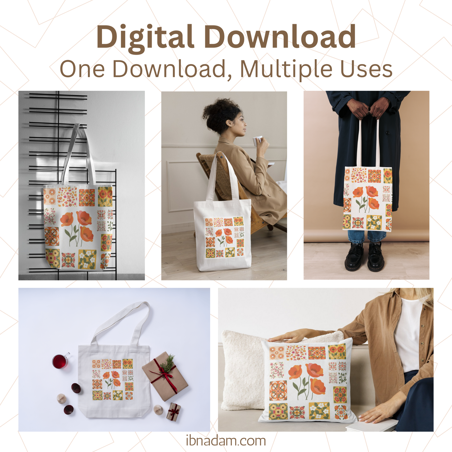 Flower Grid Digital Download | Modern Floral Wall Art | Seamless Pattern for Wallpaper, Crafts & Prints