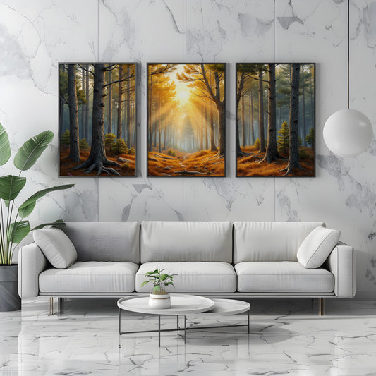 Pine Forest Sunrise Triptych | Surreal Wall Art | Digital Painting Triptych | Elegant & Beautiful Wall Art | Digital Art Download