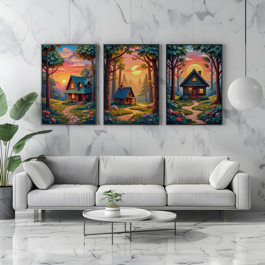 Cottage in Forest Wall Art – Set of 3 Digital Prints, Cozy Nature Landscape, High-Res JPGs for Instant Download