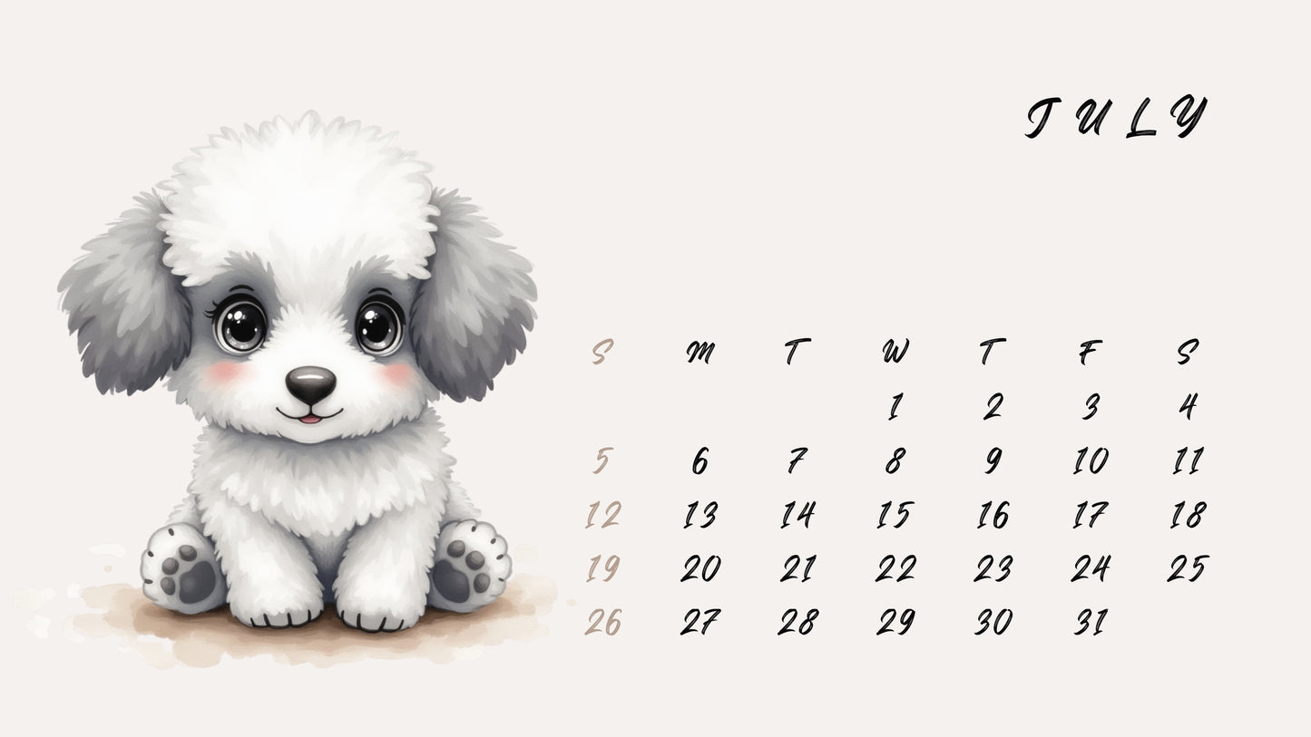Cute Pups - Printable 2026 Calendar | Watercolor Puppies Clipart | Monthly Wall Art | PDF + 13 JPEG Files