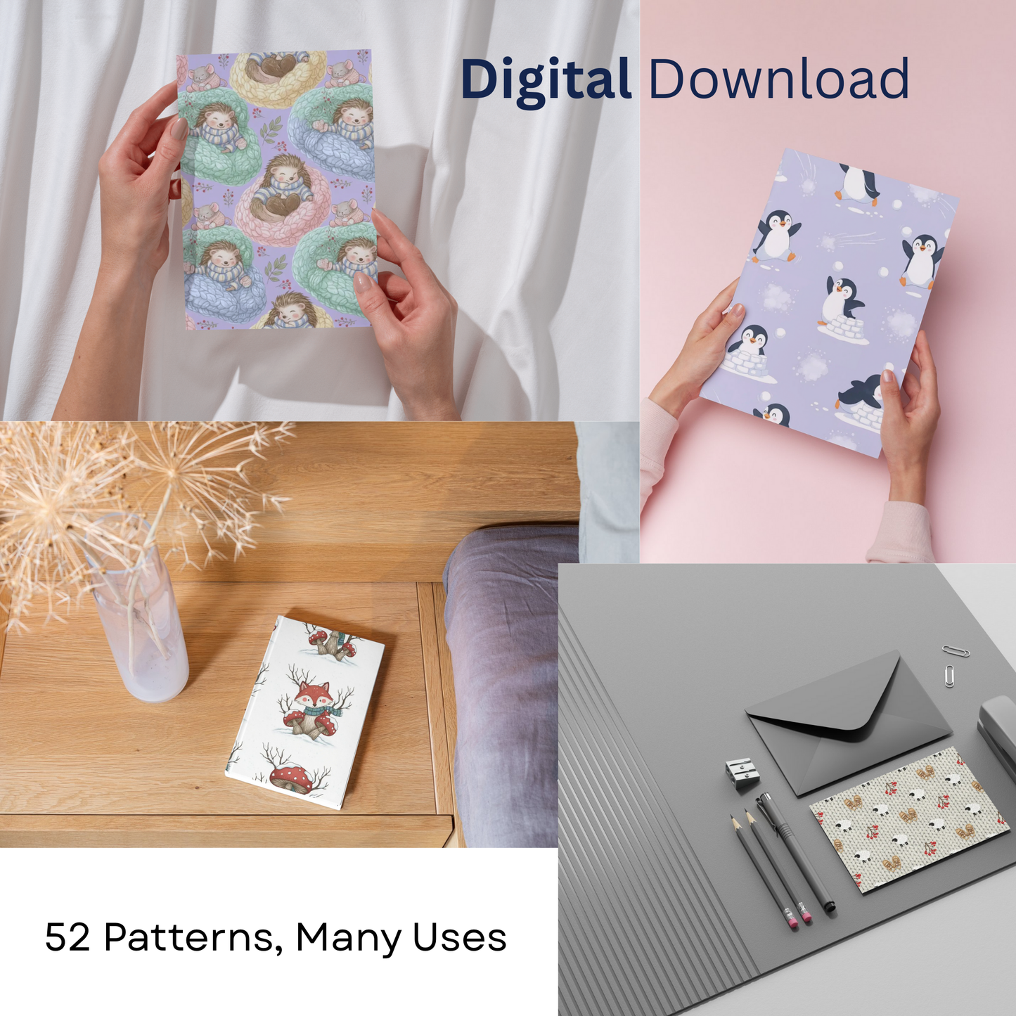 Winter Seamless Patterns | 52 Digital Paper Designs | Christmas Backgrounds, Scrapbook, Wrapping Paper