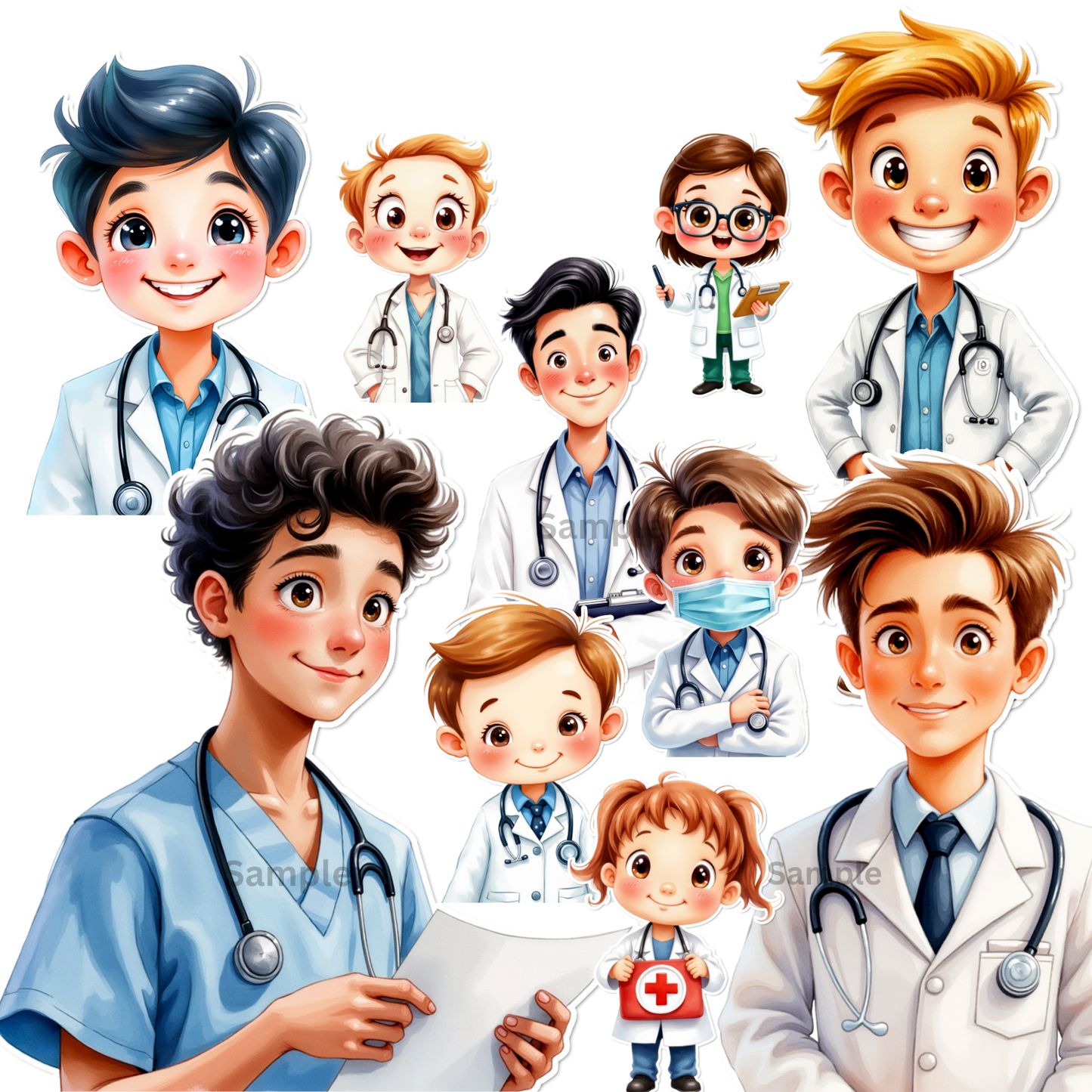 25 PNG Stickers | Cute Medical Clipart Digital Download | Whitecoat Kids Stickers for Crafts, Mugs, Tumblers, Phone Case, Wrapping