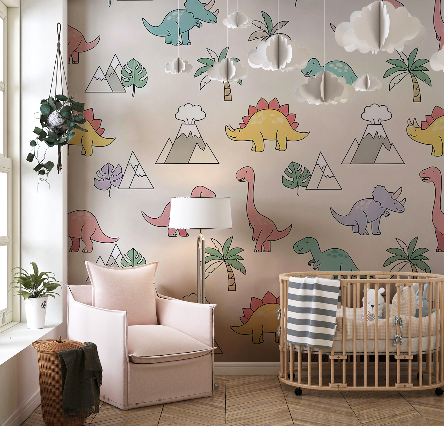 Dinosaur Volcano Wallpaper | Kids Room Digital Art Download | Nursery Seamless Pattern | Printable Wall Decor