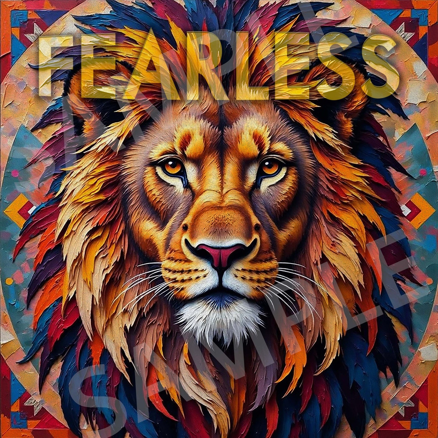 Lion Face Digital Art – "FEARLESS" Typography | Navajo Geometric Pattern | High-Res 1:1 JPEG