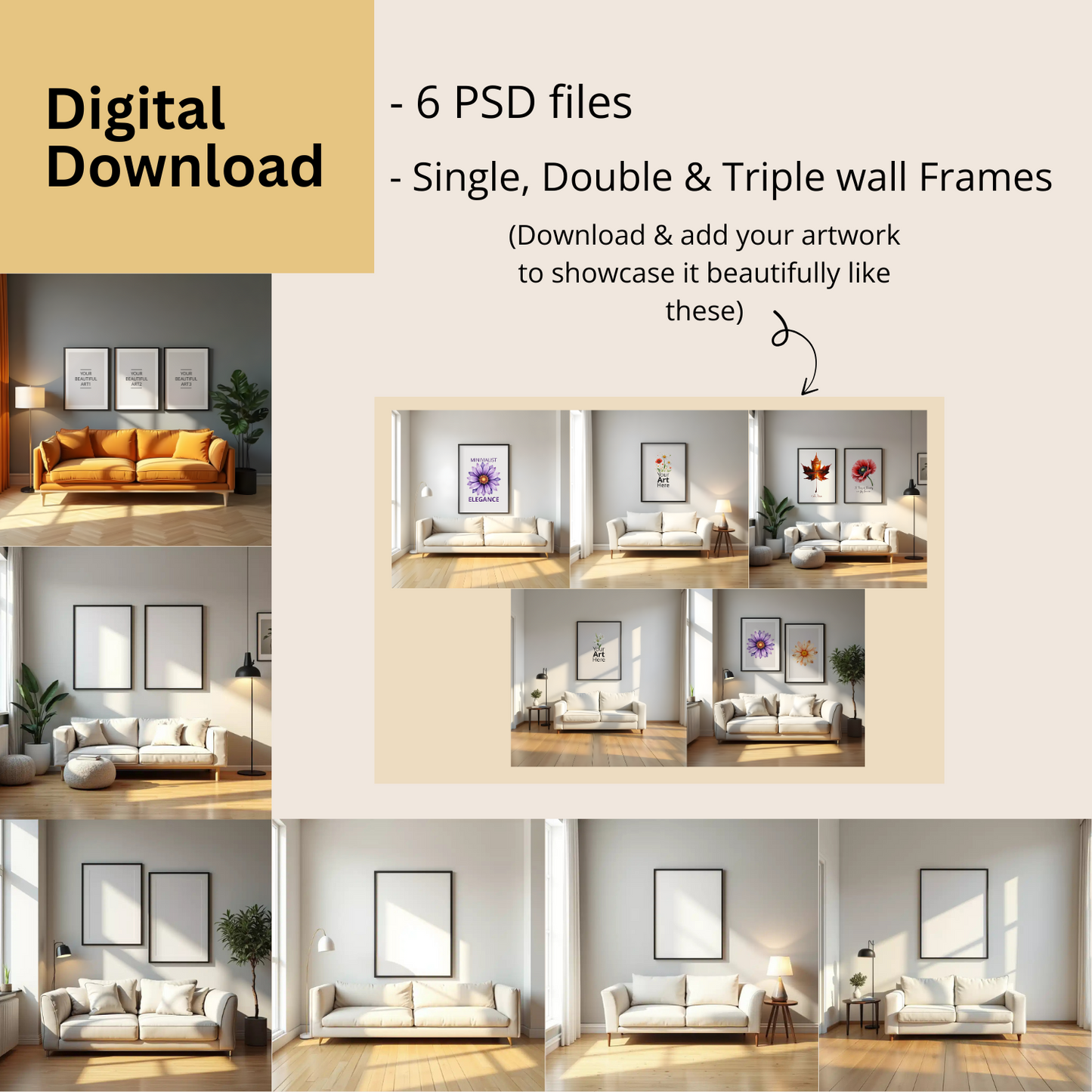 PSD Mockups for Wall Arts | 6 Mockup Bundle | Digital Download