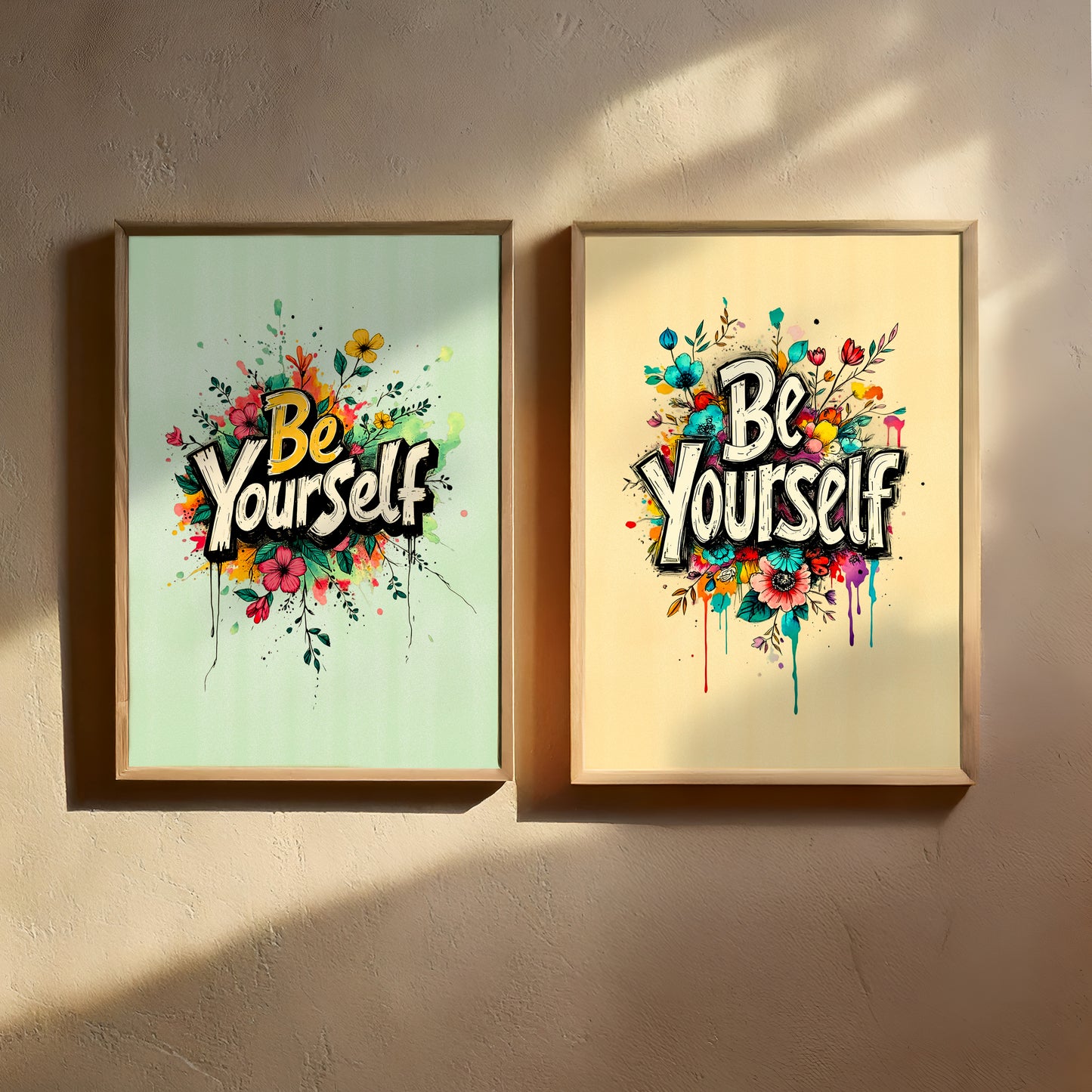 Set of 2 - Minimalist Motivational Wall Art | Be Yourself Floral Quote Prints | Digital Download, Printable Artwork for Home & Office Decor
