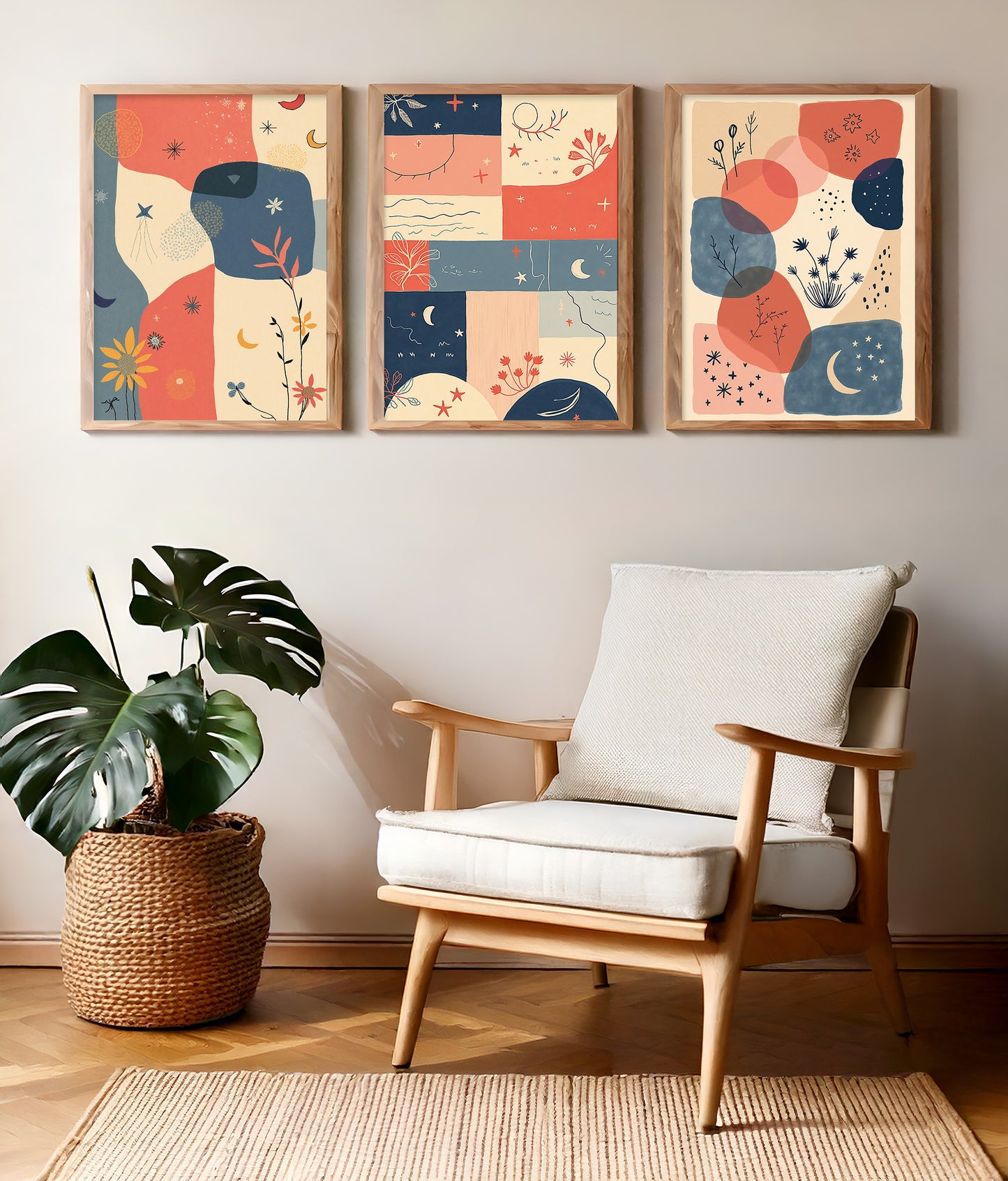 Set of 3 Boho Art | Minimalist Neutral Decor | 24x36 inch 300 DPI Digital Download | Calming Modern Art for Living Room, Bedroom, or Office