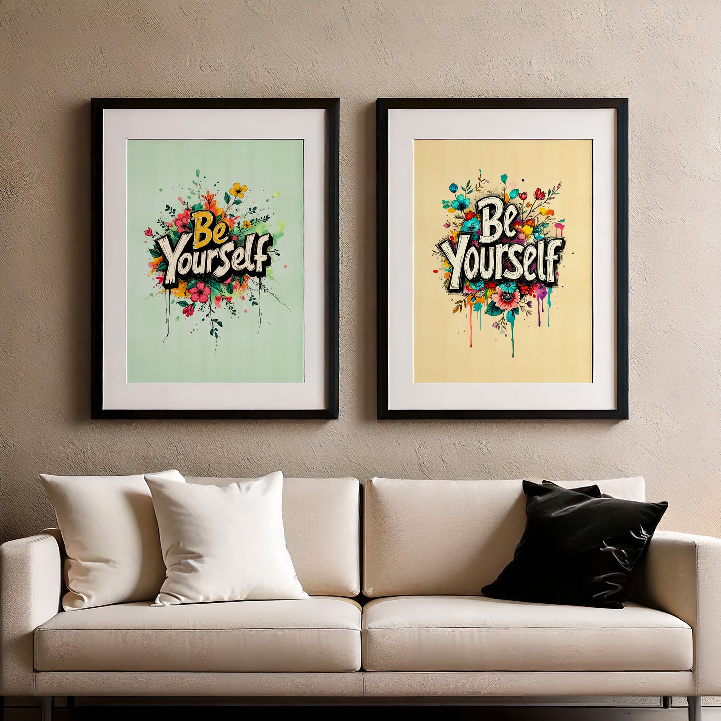 Set of 2 - Minimalist Motivational Wall Art | Be Yourself Floral Quote Prints | Digital Download, Printable Artwork for Home & Office Decor