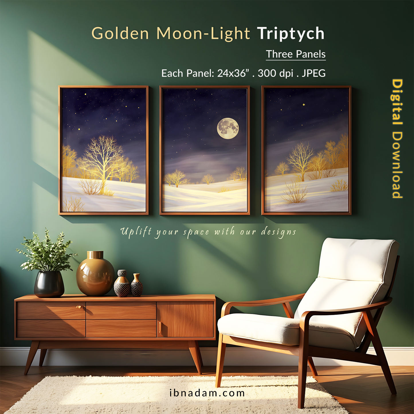 Golden Moonlight Triptych Wall Art: Modern 3 Panel Wall Prints (Digital Download)