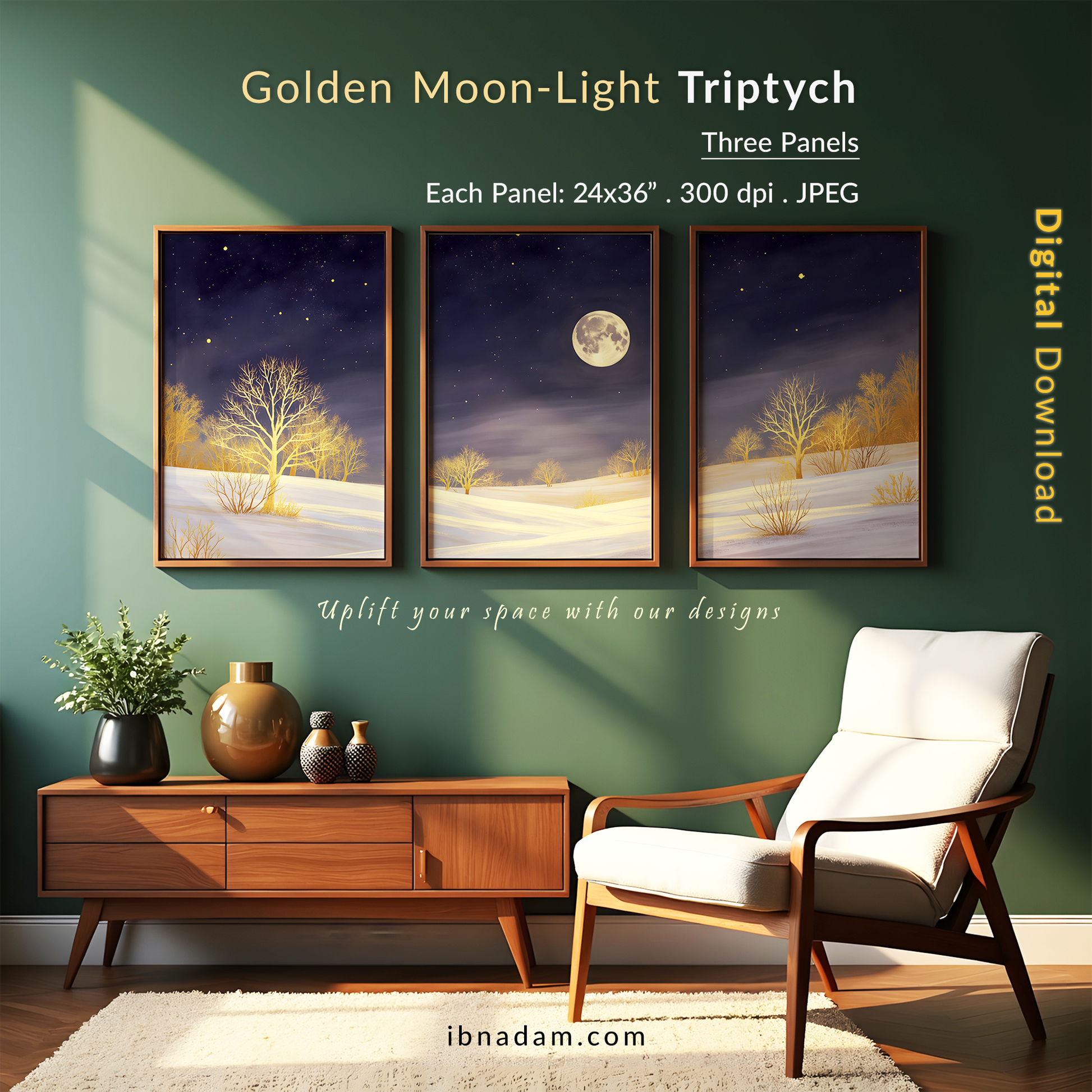 Golden Moonlight Triptych Wall Art: Modern 3 Panel Wall Prints (Digital Download)