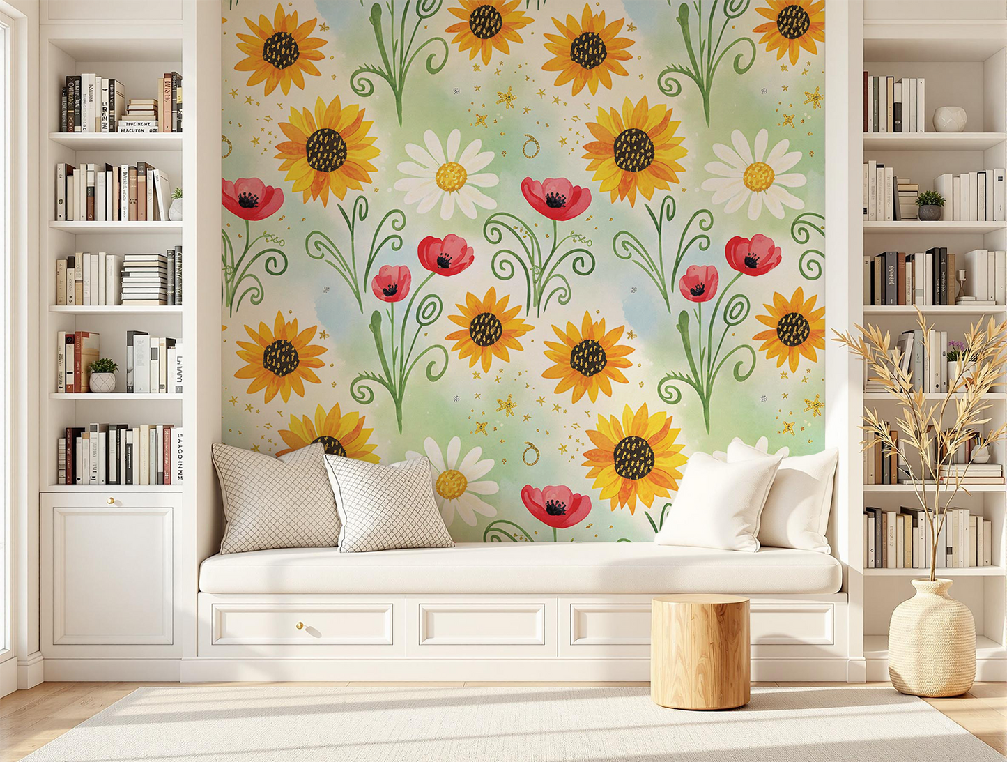 Whimsical Floral Wallpaper | Daisy, Poppy & Sunflower Digital Art | Elegant Seamless Pattern | Printable Wall Decor