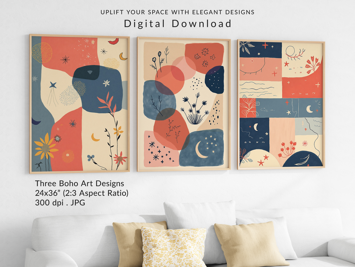 Set of 3 Boho Art | Minimalist Neutral Decor | 24x36 inch 300 DPI Digital Download | Calming Modern Art for Living Room, Bedroom, or Office