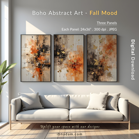 Triptych Wall Art Set | Abstract Boho Autumn Prints | Digital Download | Fall Themed Decor for Living Room & Bedroom