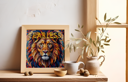 Lion Face Digital Art – "FEARLESS" Typography | Navajo Geometric Pattern | High-Res 1:1 JPEG