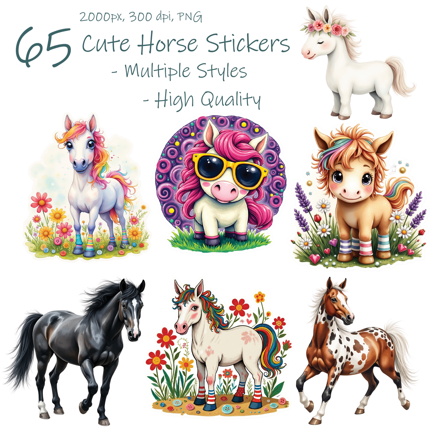 Cute Horse Sticker Pack – 65 PNG Horse Stickers + Free 17 Puppy Stickers (Digital Download)
