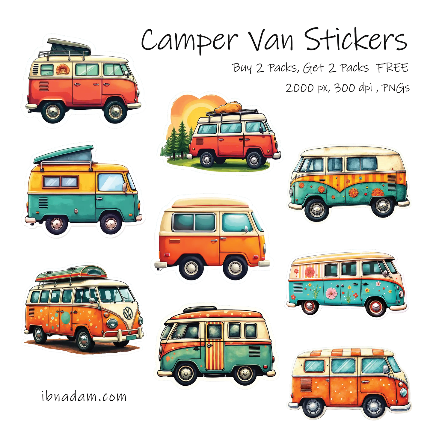 Camper Van Sticker Packs: Buy 2 Packs and Get 2 Packs FREE (Digital Download)