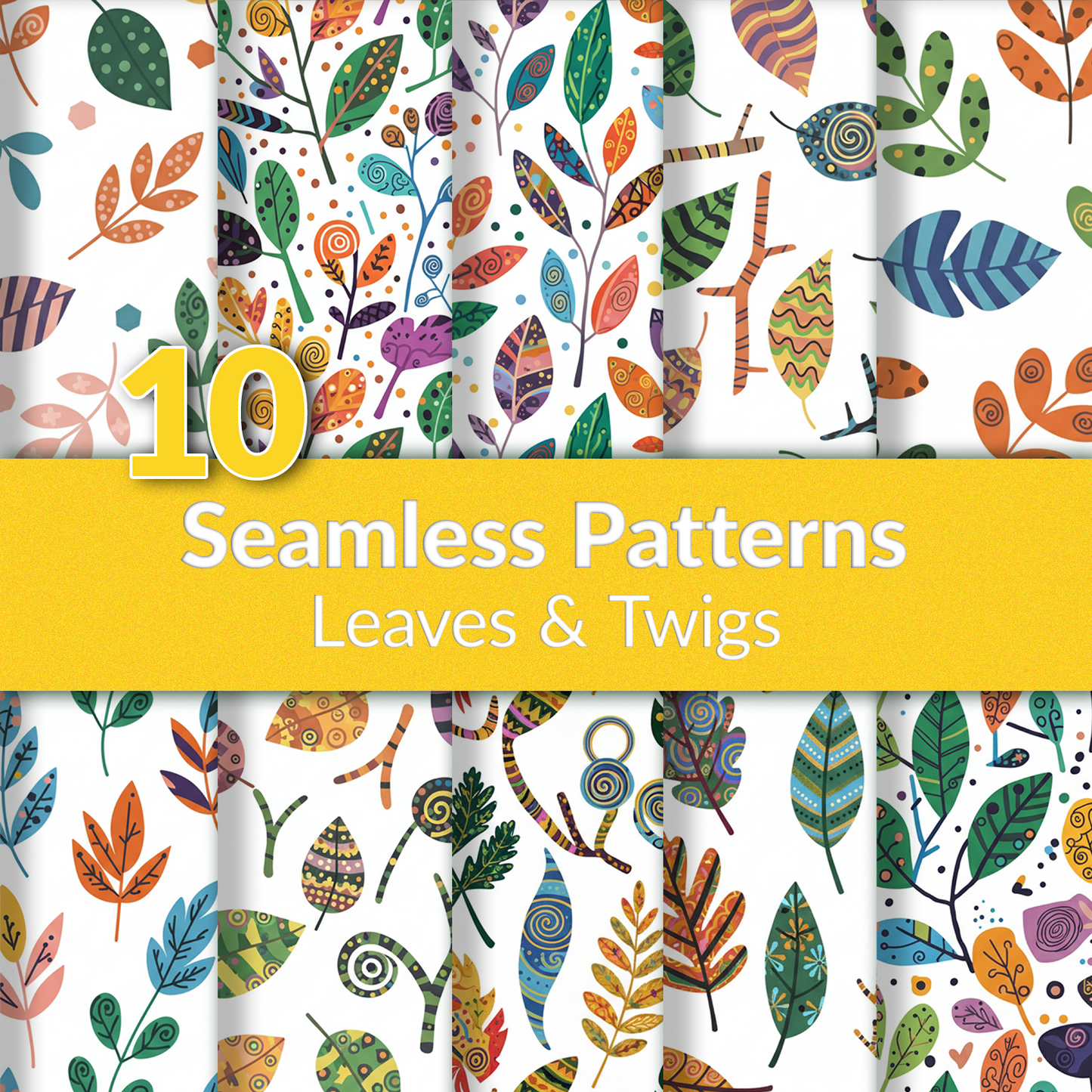 20 Seamless Leaf & Twig Patterns | Colorful Botanical Digital Download | Printable Designs for Wallpaper, Wrapping Paper, Mugs & Crafts