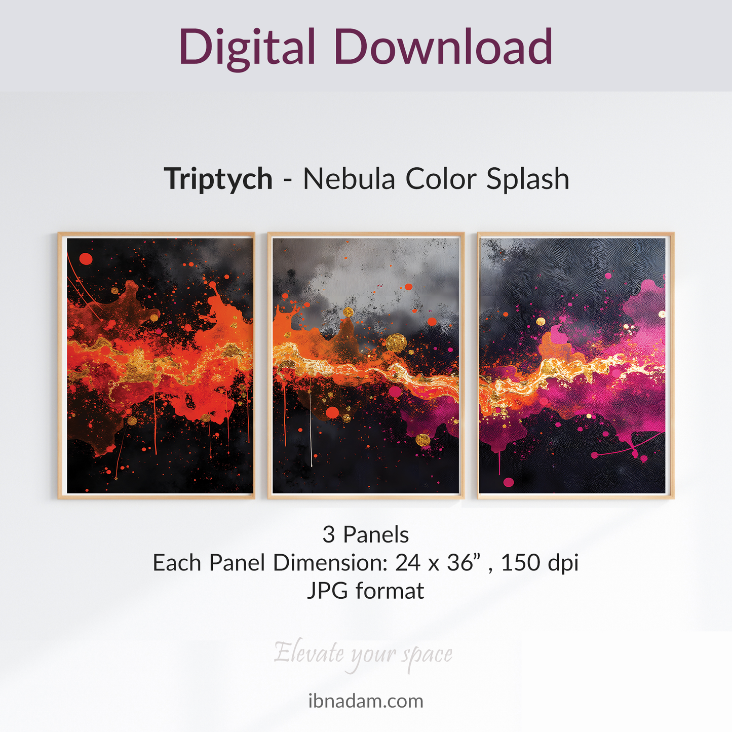Nebula Color Splash Triptych | Set of 3 Wall Art Prints | Digital Download | Modern Galaxy Artwork for Living Room or Office