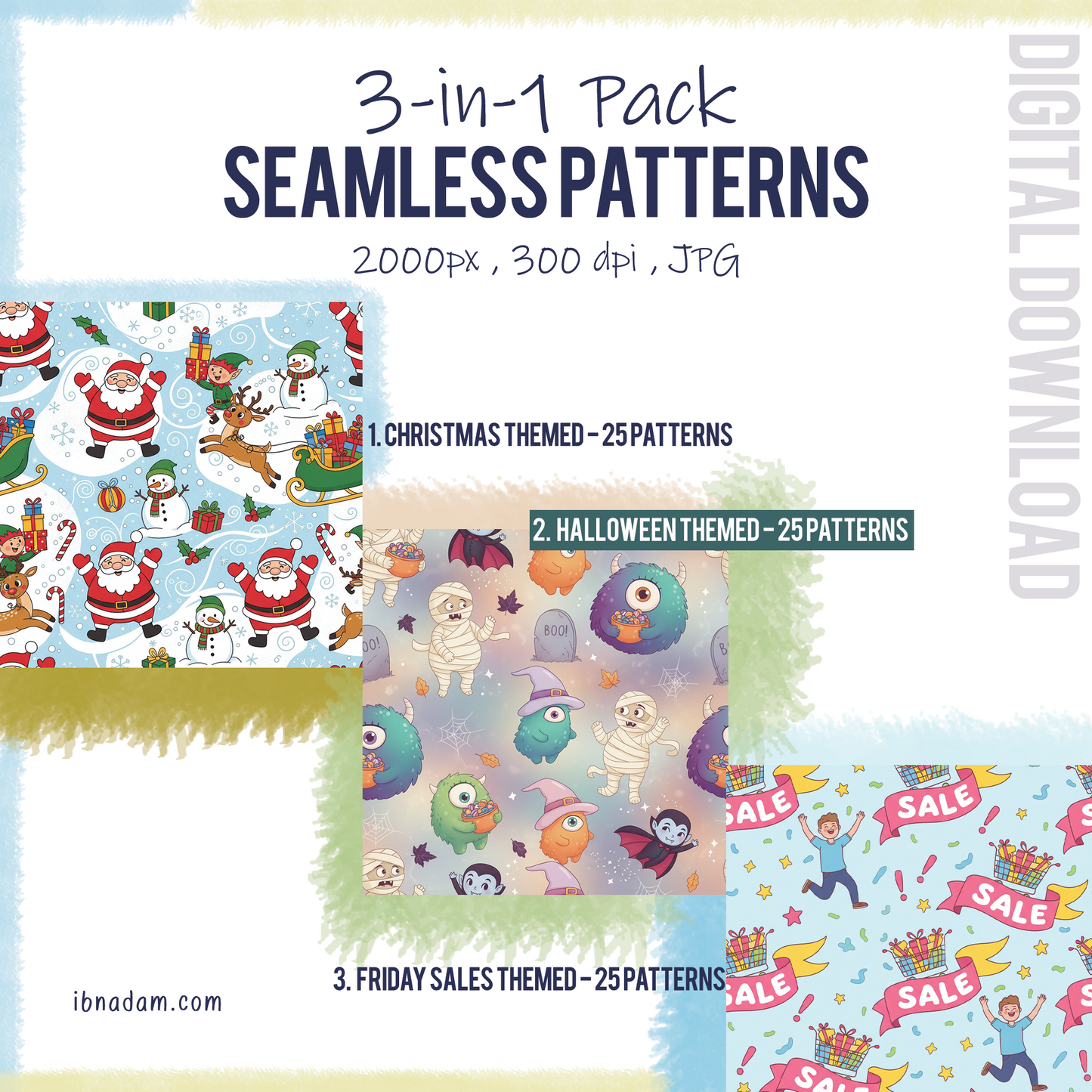 3 in 1 Seamless Patterns | Halloween, Big Friday Sale, Christmas | 75 Seamless Patterns: Digital Paper (Digital Download)