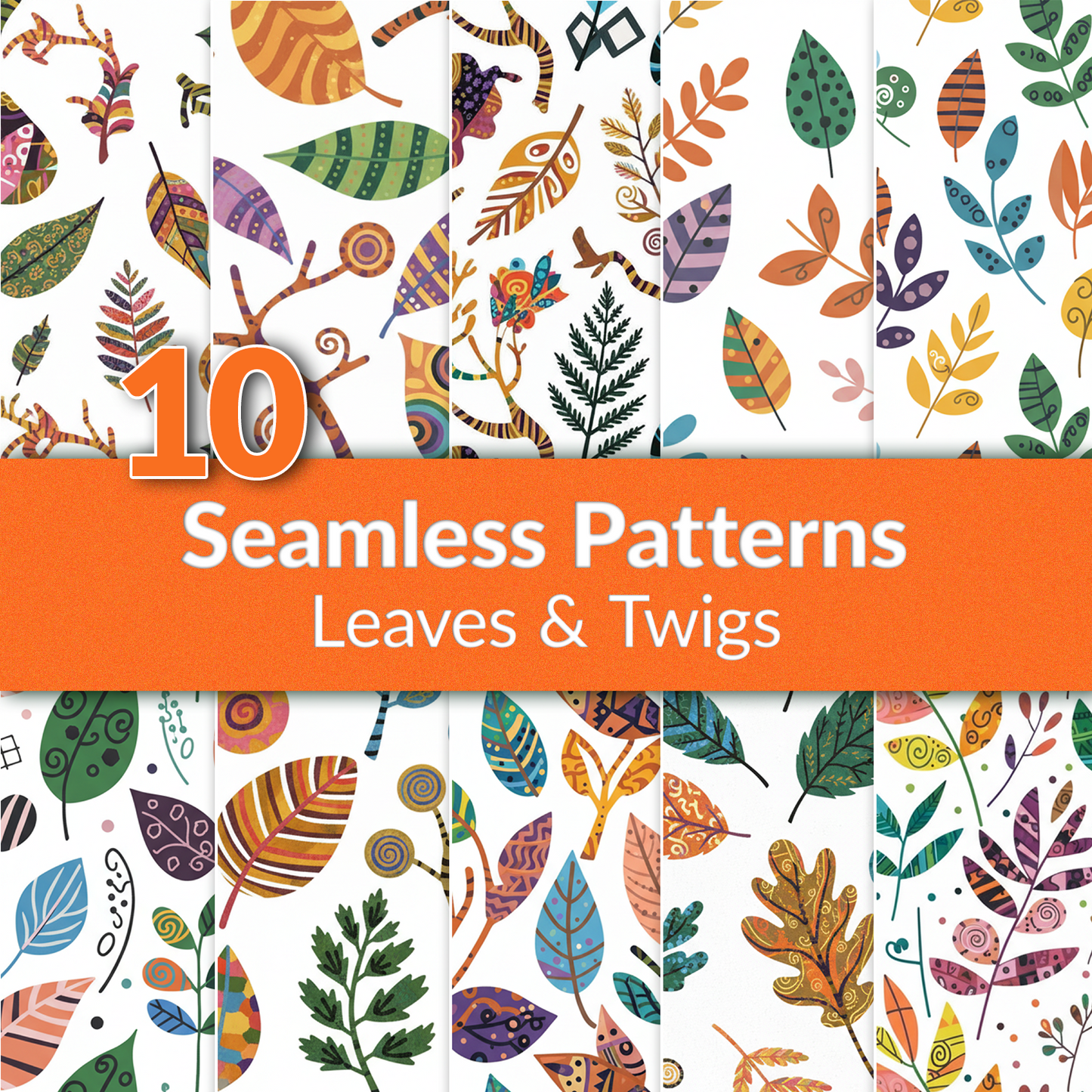 20 Seamless Leaf & Twig Patterns | Colorful Botanical Digital Download | Printable Designs for Wallpaper, Wrapping Paper, Mugs & Crafts