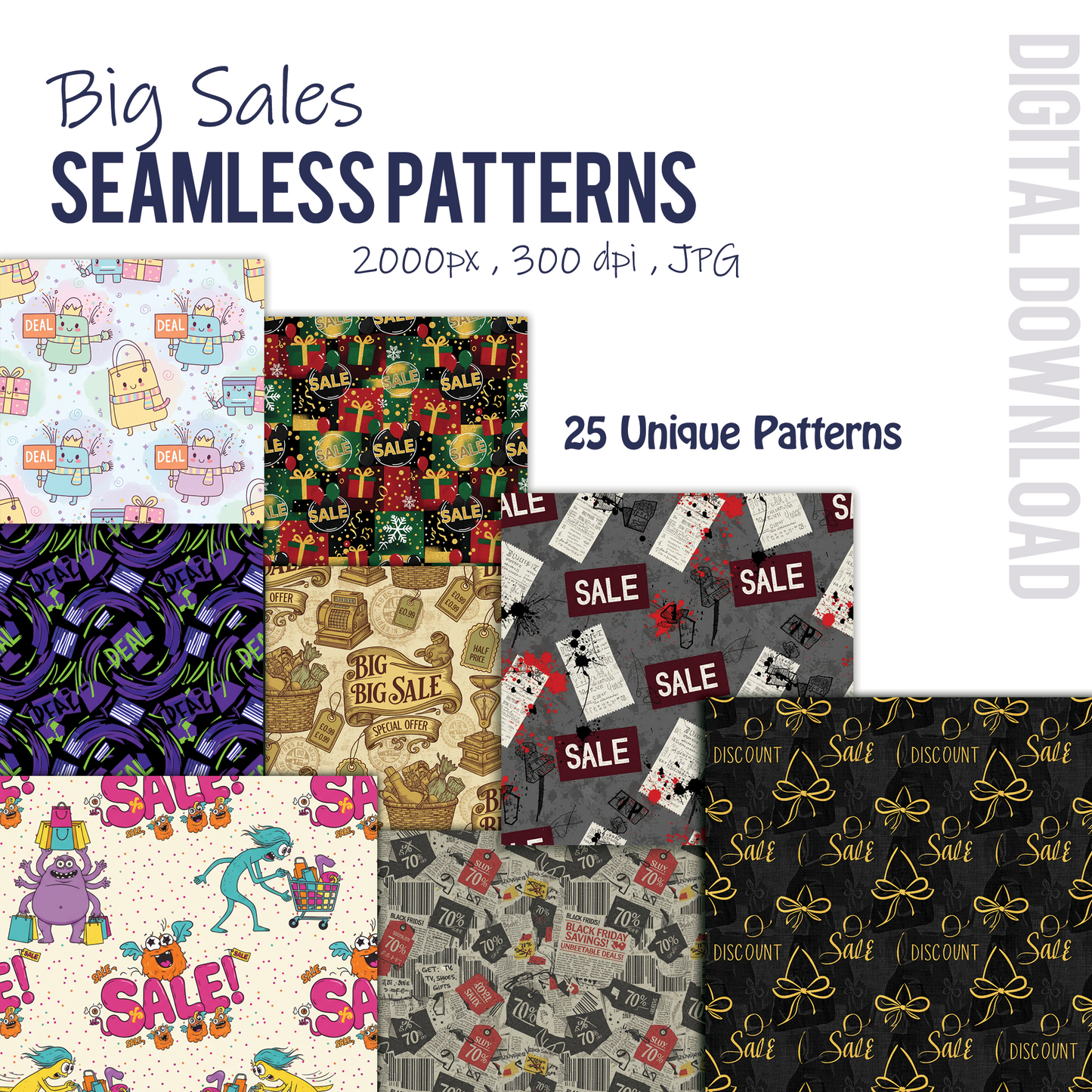 3 in 1 Seamless Patterns | Halloween, Big Friday Sale, Christmas | 75 Seamless Patterns: Digital Paper (Digital Download)