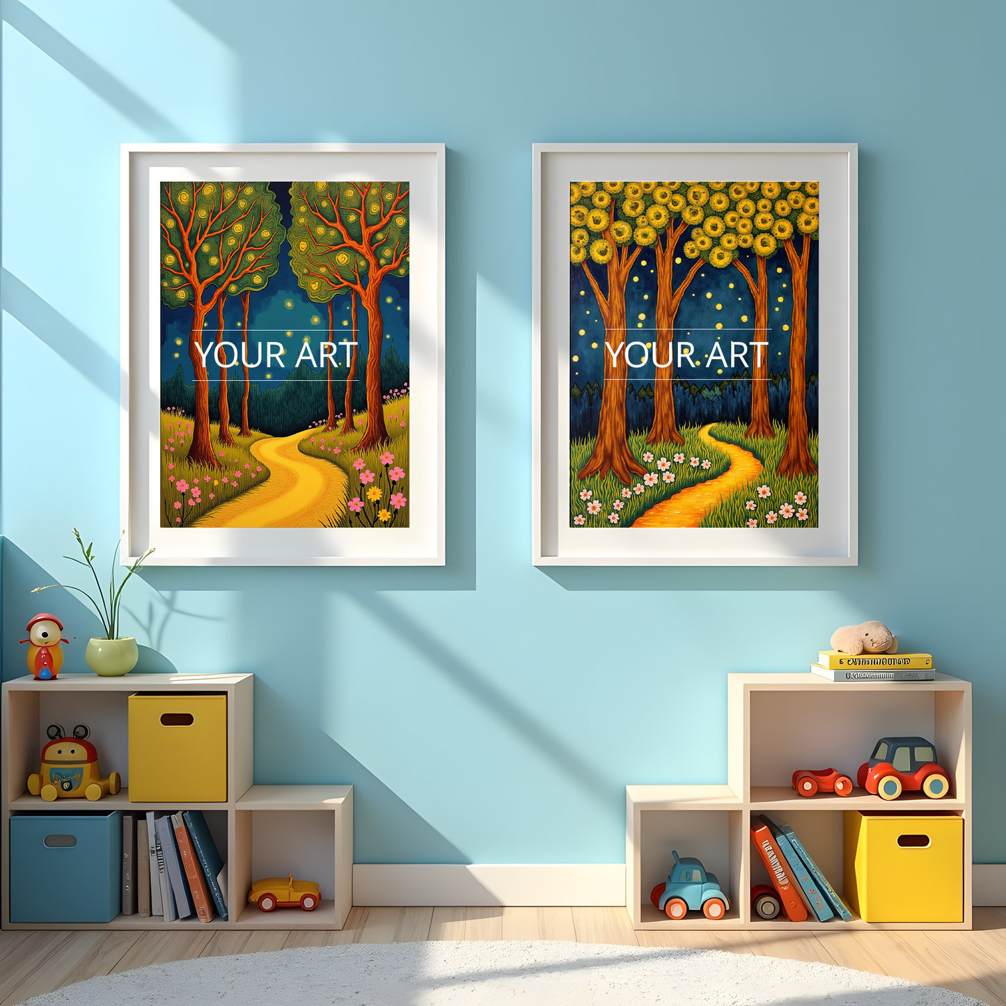 Wall Art Mockups - Kid's Rooms | Realistic PSD Mockups for Your Wall Art Showcasing | 4 PSD Mockup Files - Two 2 Frames, Two Single Frames