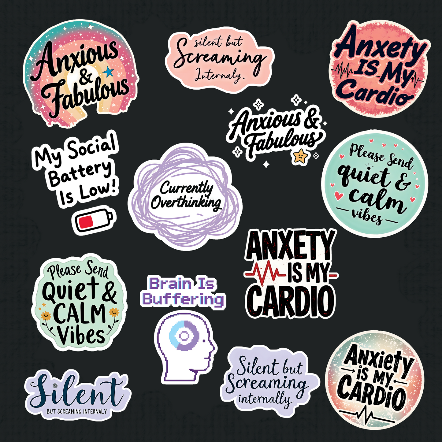 Anxious Overthinker Stickers Pack • 50+ PNGs • Transparent Background • Digital Art Download + Bonus 2026 Puppies Calendar