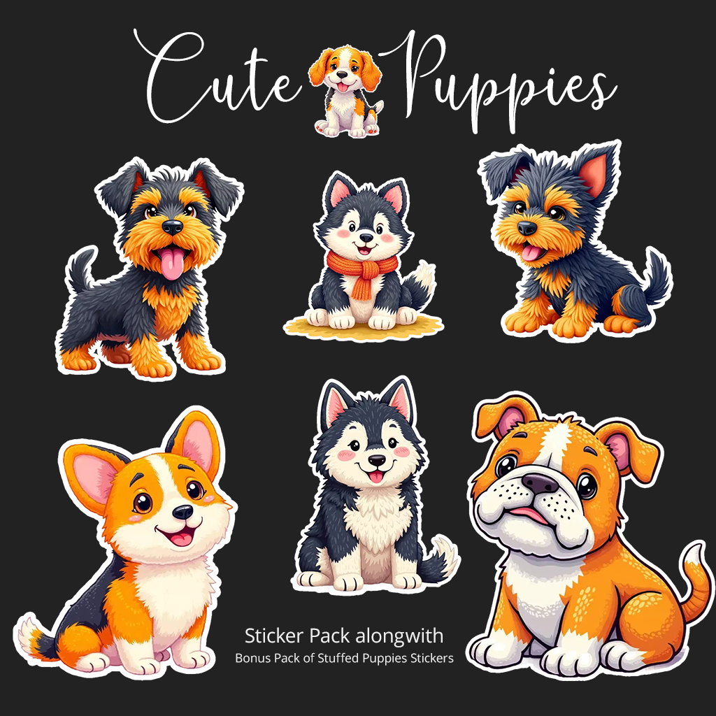 Cute Puppies Stickers Pack | Digital Puppy Stickers | With Bonus Stickers Pack | Suitable for Crafts, Mugs, Tumblers, Wrapping Paper