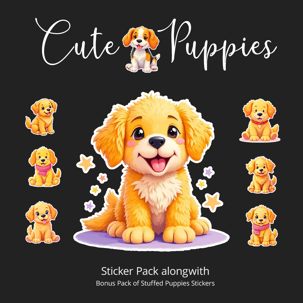 Cute Puppies Stickers Pack | Digital Puppy Stickers | With Bonus Stickers Pack | Suitable for Crafts, Mugs, Tumblers, Wrapping Paper