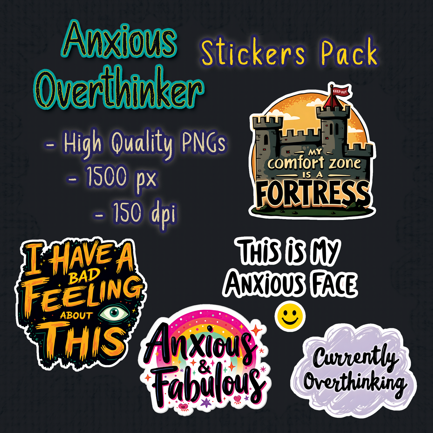 Anxious Overthinker Stickers Pack • 50+ PNGs • Transparent Background • Digital Art Download + Bonus 2026 Puppies Calendar