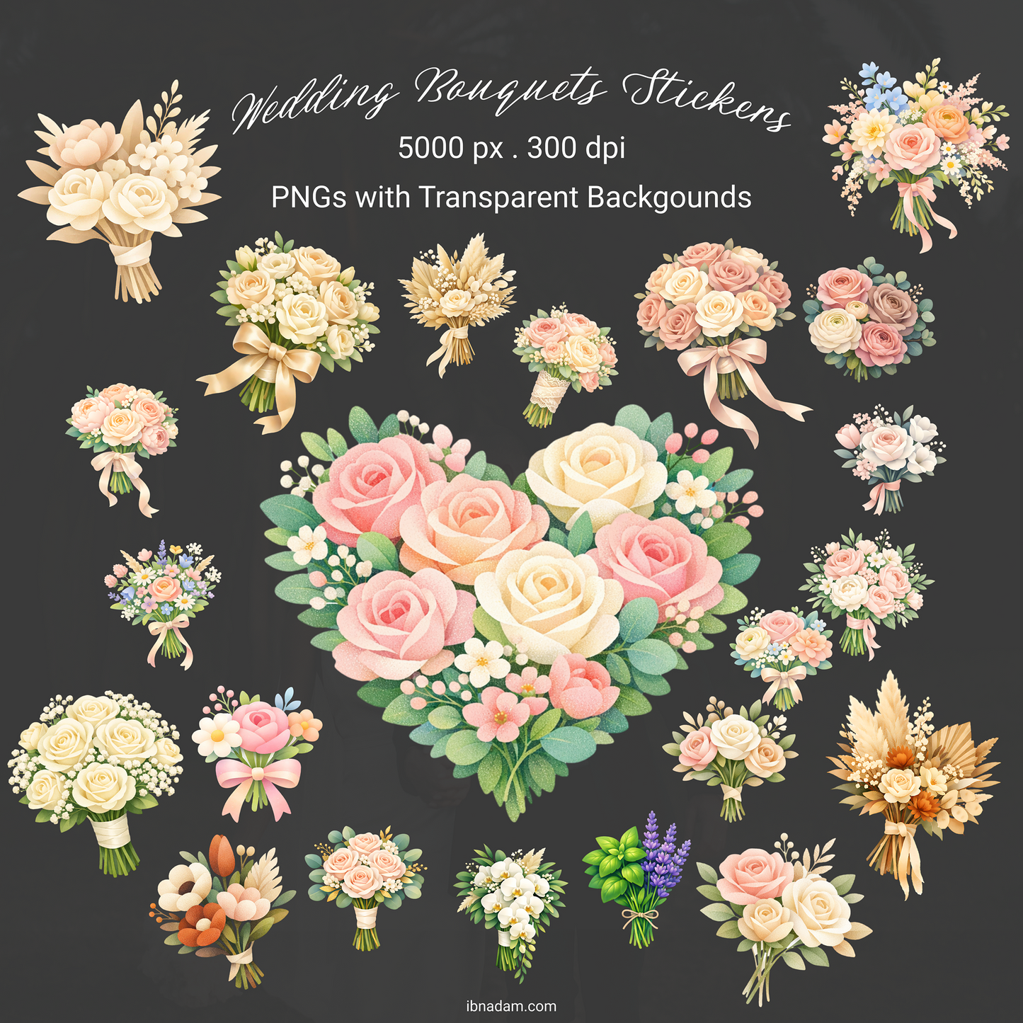 Wedding Floral Bouquet Stickers Pack | 20 PNG Transparent Floral Stickers | Wedding Clipart Bundle | Digital Download Floral PNG